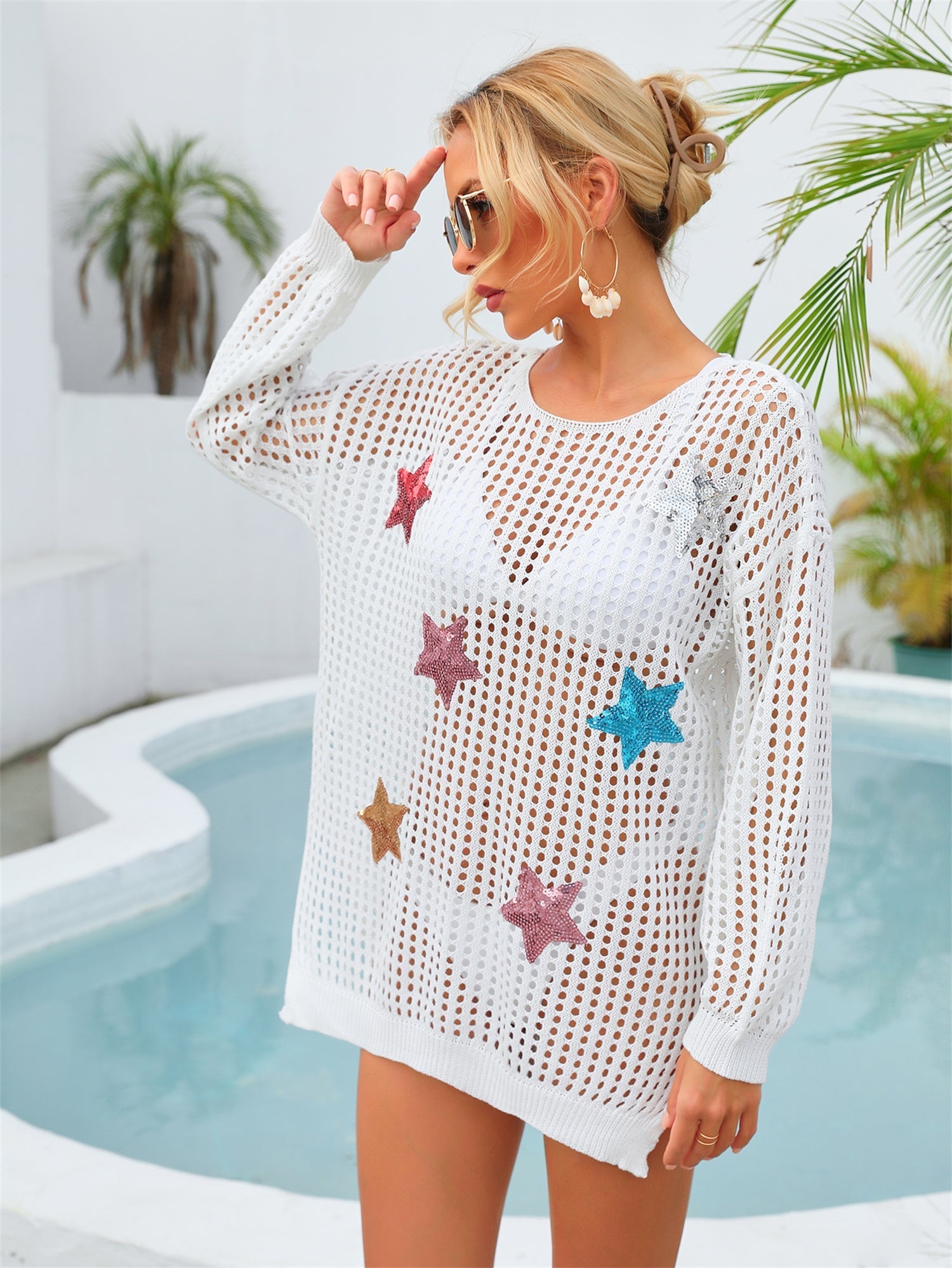 Summer Beach Cover up Hollow Out Cutout Pentagram Holiday Shirt Long Sleeve Sunscreen Coat Bella Mia