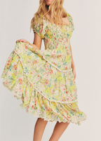Summer Women Clothing Square Collar Short Sleeve High Waist Tied Stitching Floral Stringy Selvedge Dress Women Bella Mia