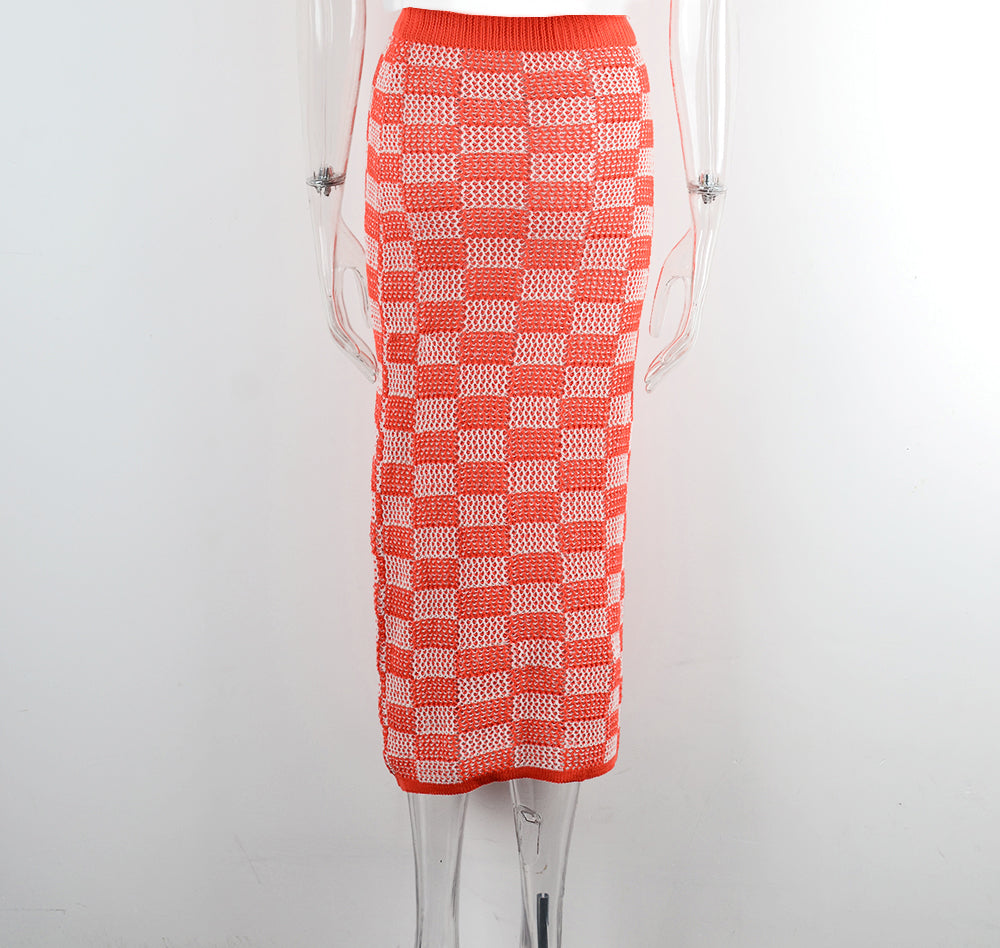 Summer Clothes Beach Skirt Hollow Out Cutout Chessboard Plaid Bikini Seaside Skirt Knitted Dress Women Bella Mia