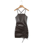 Spring Adult Lady Woman Sexy Side Drawstring Faux Leather Sling Leather Hip Dress Bella Mia