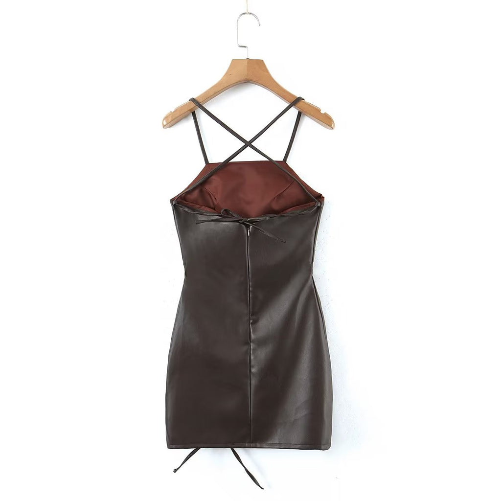 Spring Adult Lady Woman Sexy Side Drawstring Faux Leather Sling Leather Hip Dress Bella Mia