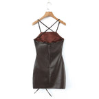 Spring Adult Lady Woman Sexy Side Drawstring Faux Leather Sling Leather Hip Dress Bella Mia