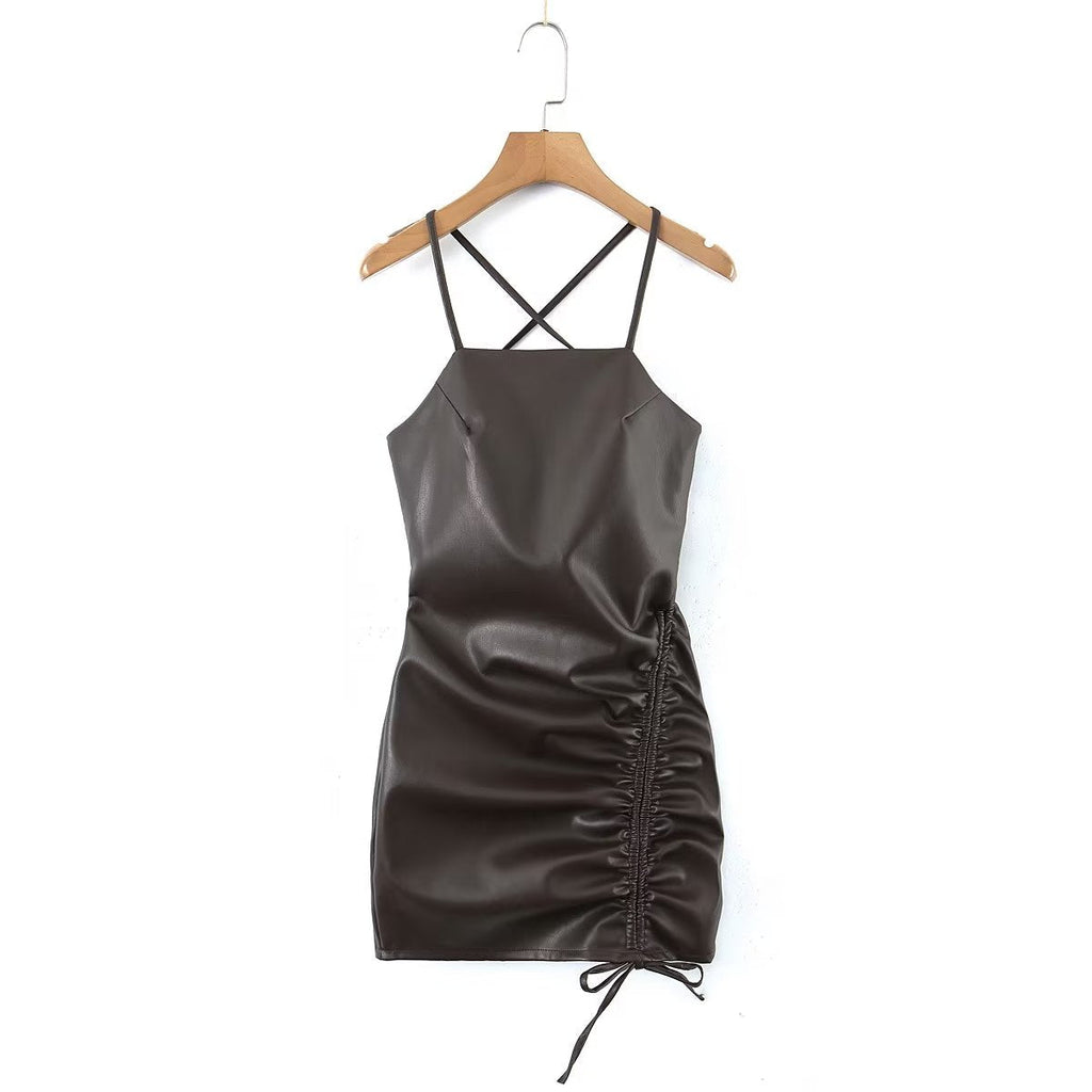 Spring Adult Lady Woman Sexy Side Drawstring Faux Leather Sling Leather Hip Dress Bella Mia