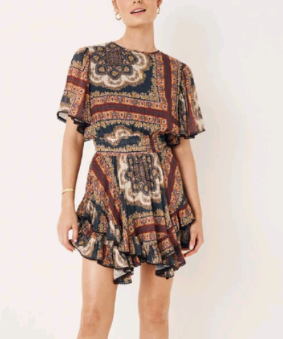 Spring Summer Elegant round Neck Short Sleeve Waist Controlled Printed Short Dress