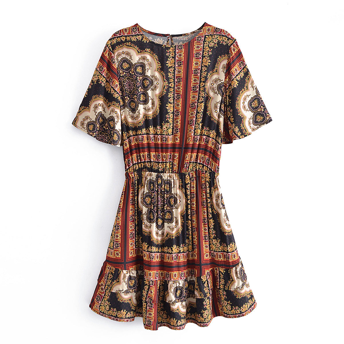 Spring Summer Elegant round Neck Short Sleeve Waist Controlled Printed Short Dress