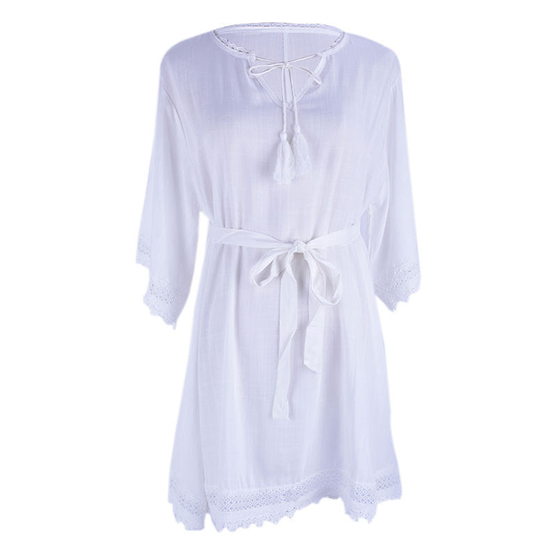 Rayon V neck Lace up Beach Beach Cover Up Seaside Vacation Swimsuit Sun Protection Clothing for Women Bella Mia