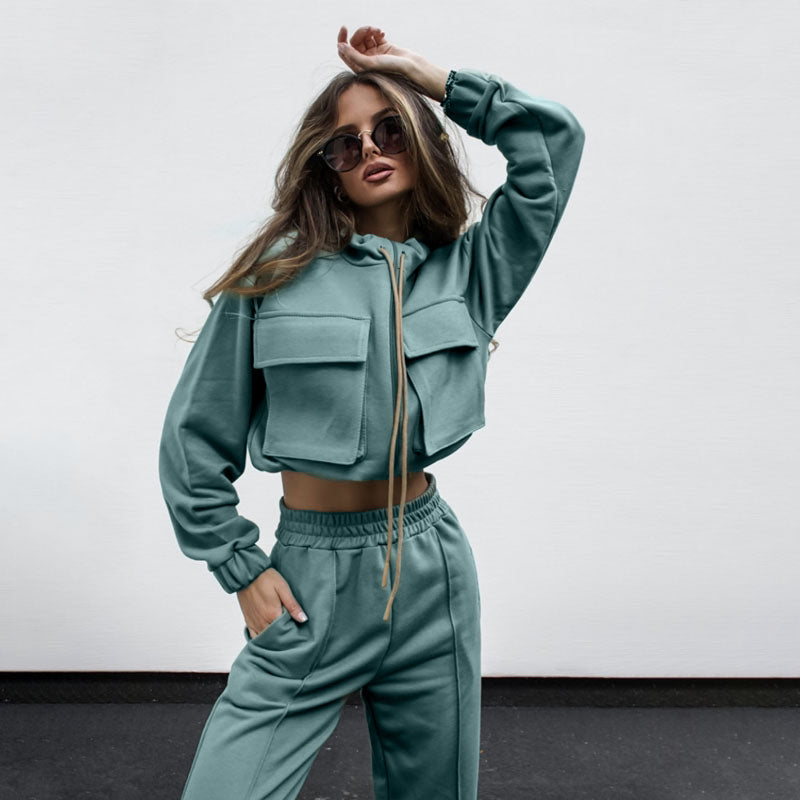 Autumn Winter Solid Color Zipper Double Bag Drawstring Long Sleeve Top Casual Trousers Suit Women Bella Mia