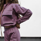 Autumn Winter Solid Color Zipper Double Bag Drawstring Long Sleeve Top Casual Trousers Suit Women Bella Mia