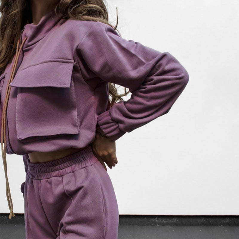 Autumn Winter Solid Color Zipper Double Bag Drawstring Long Sleeve Top Casual Trousers Suit Women Bella Mia