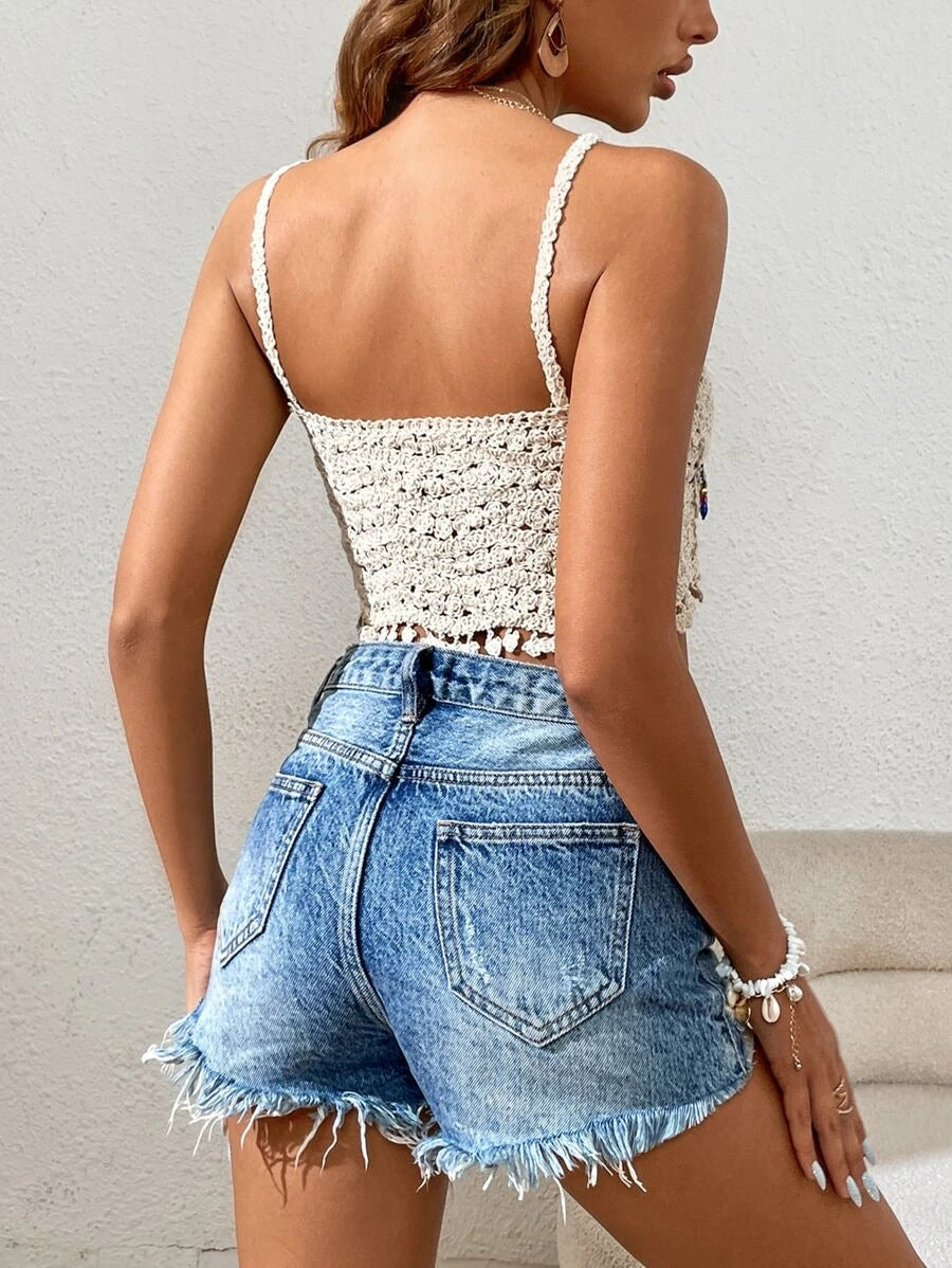 Women Summer Vacation Colorful Tassel Hanging Beads Hand crocheted Hollow Sling Top Crochet hook Bella Mia