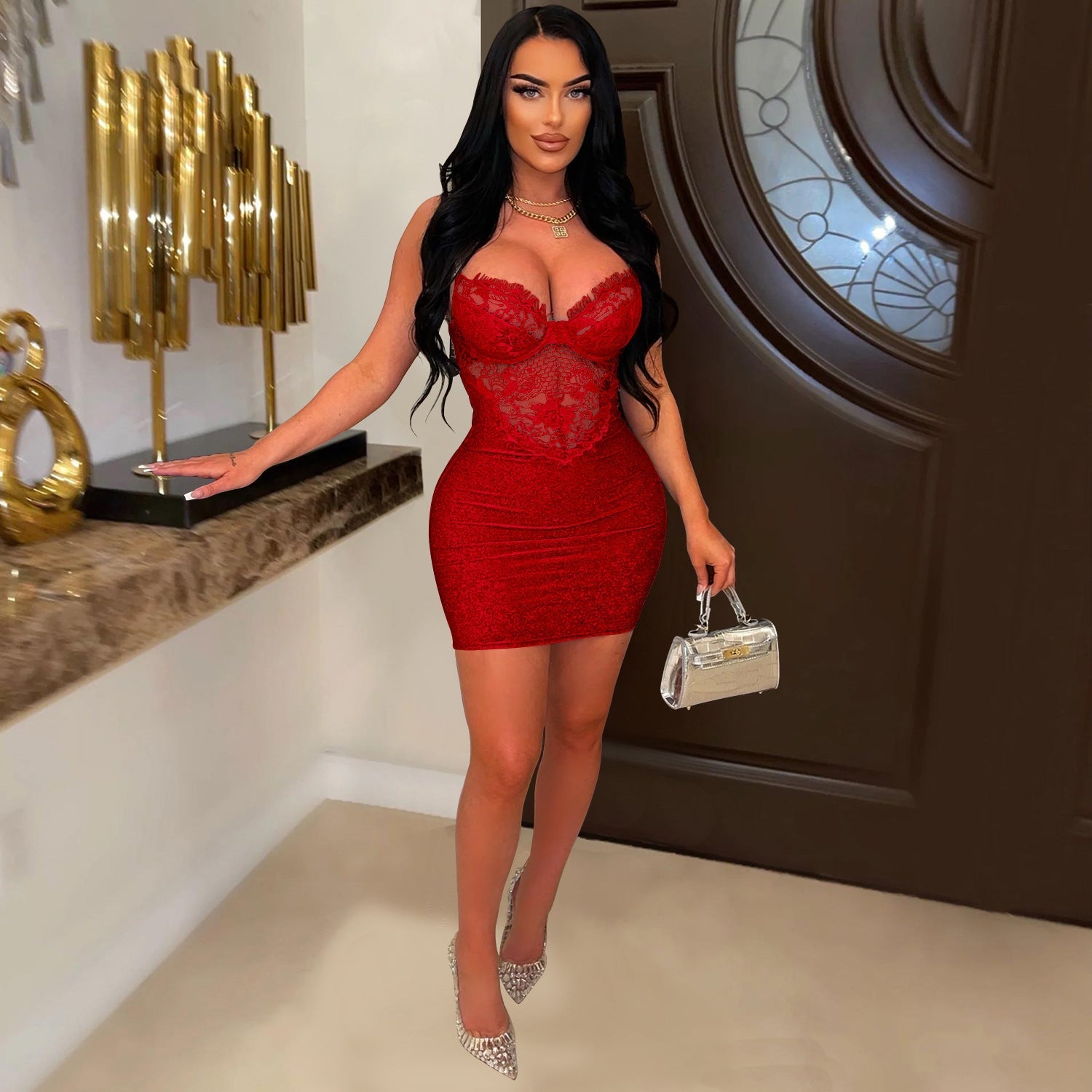 Women Wear Solid Color Sleeveless Chain Link Fencing Shoulder Strap Dress Bella Mia