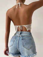 Women New Summer Crocheted Hollow Solid Color Sling Back Strap Top Crochet hook Bella Mia