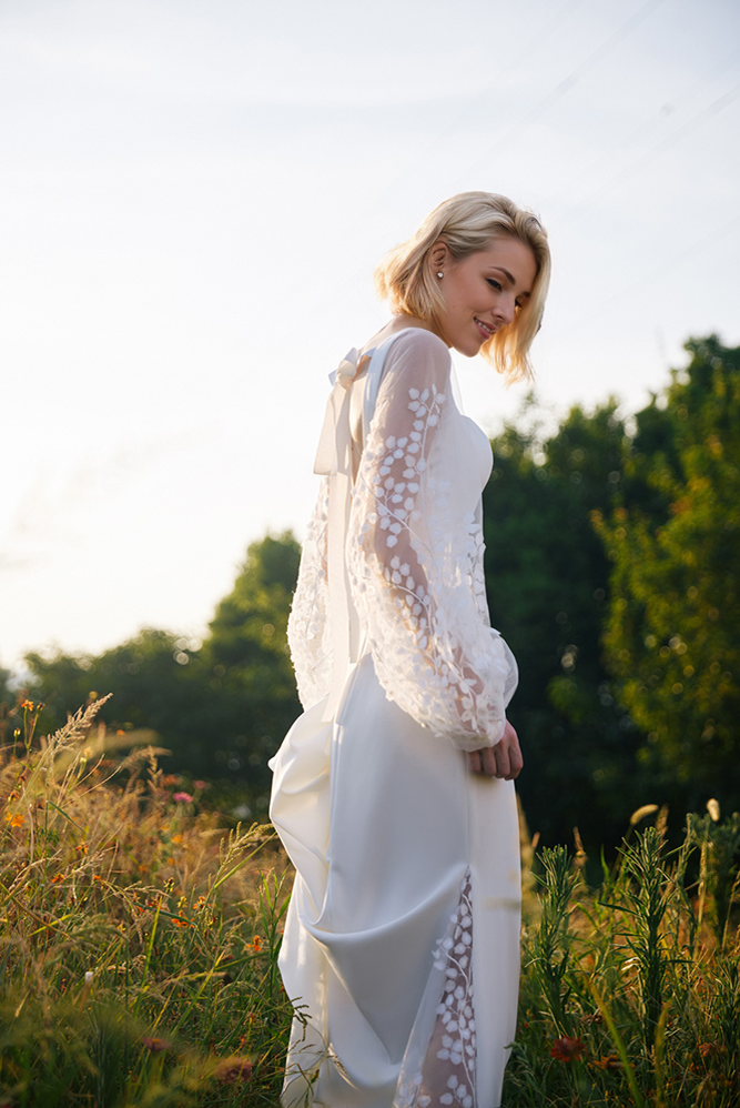 Minimalist Square Neck Wedding Dress with Sheer Embroidered Sleeves – Modern Bridal Elegance SelenaHuanStudio