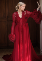 Ethereal Lace & Feather-Trimmed Sheer Bridal Robe – Vintage Luxury Loungewear SelenaHuanStudio