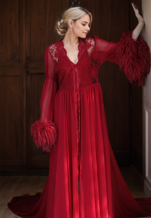 Ethereal Lace & Feather-Trimmed Sheer Bridal Robe – Vintage Luxury Loungewear SelenaHuanStudio