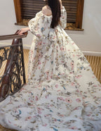 Avera - Sexy floral printed butterfly pattern front-slit bishop sleeves off-the-shoulder Satin Wedding Dress Gown SelenaHuanStudio