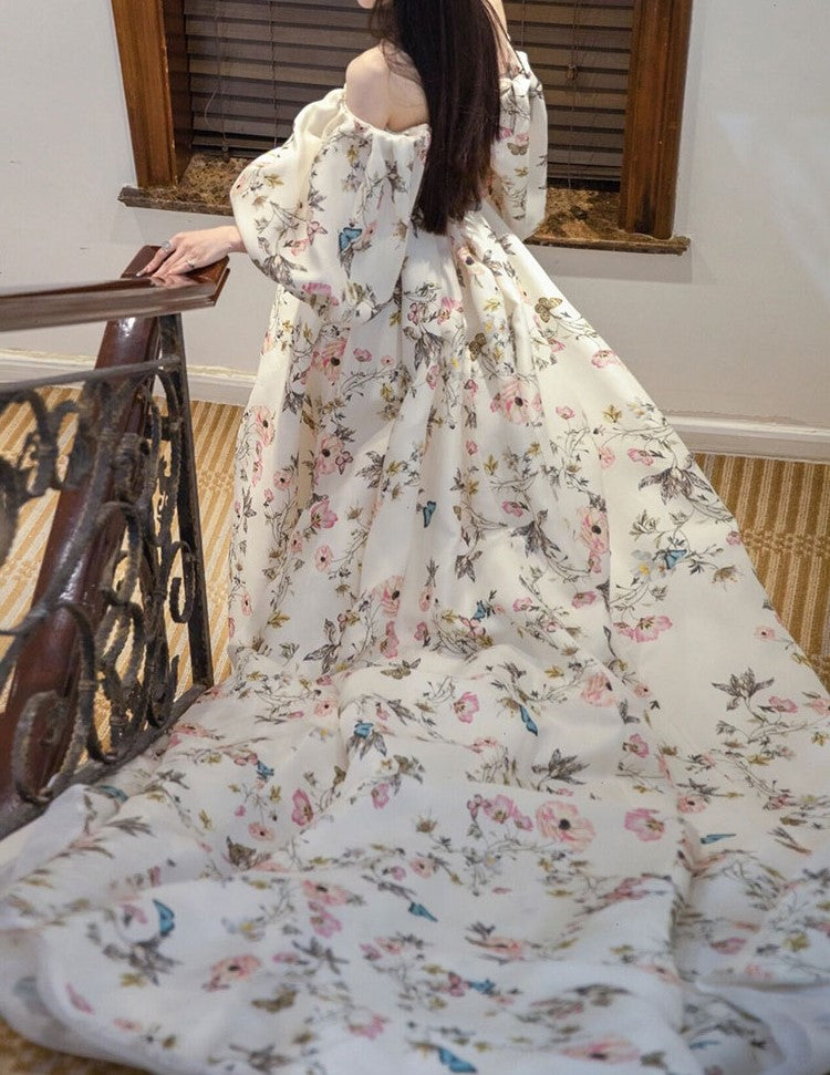 Avera - Sexy floral printed butterfly pattern front-slit bishop sleeves off-the-shoulder Satin Wedding Dress Gown SelenaHuanStudio