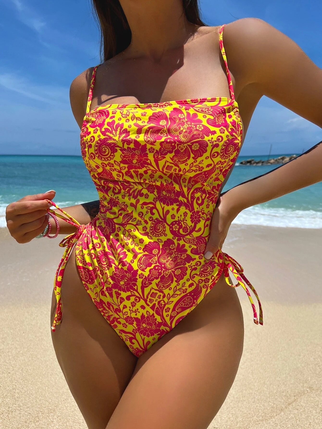 Bikinx Floral Print Drawstring Side One Piece Swimsuit Bella Mia
