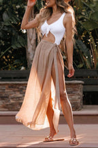 Khaki Sheer Maxi Beach Cover up Split Bella Mia