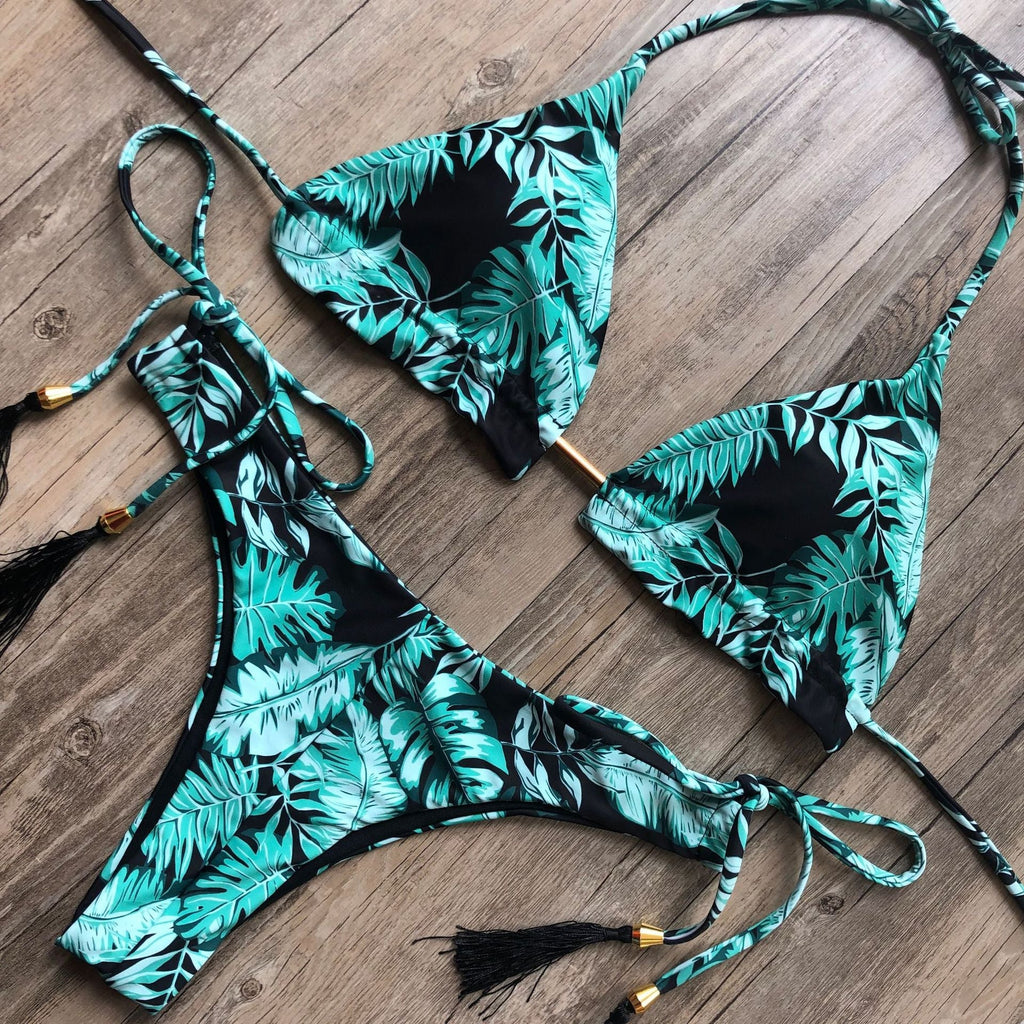 Leopard Print Bikini Solid Color Women Swimsuit Sexy Lace-up Swimwear Split Bikini Bella Mia