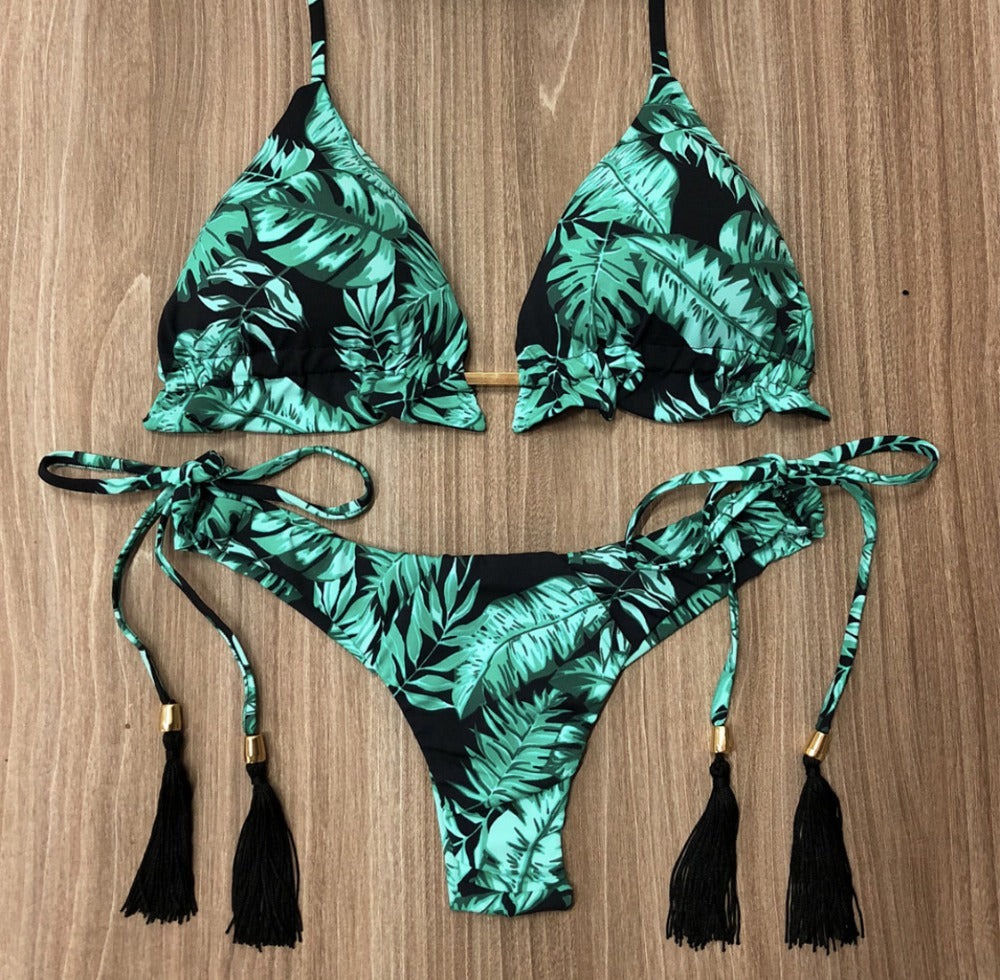 Leopard Print Bikini Solid Color Women Swimsuit Sexy Lace-up Swimwear Split Bikini Bella Mia
