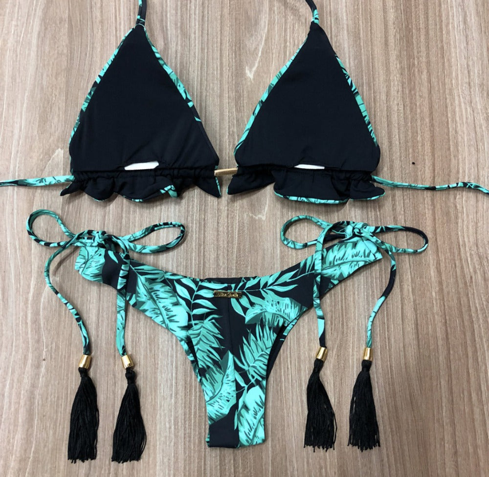 Leopard Print Bikini Solid Color Women Swimsuit Sexy Lace-up Swimwear Split Bikini Bella Mia