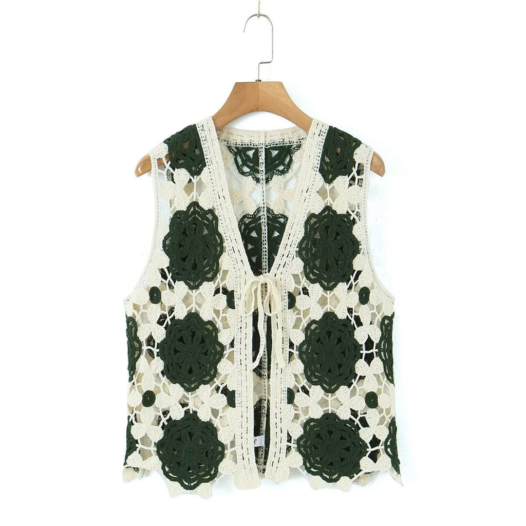 Spring Arrival Contrast Color Crocheted Top Comfort Casual Women Clothing Hong Kong Retro Hollow Out Cutout Design Vest Bella Mia