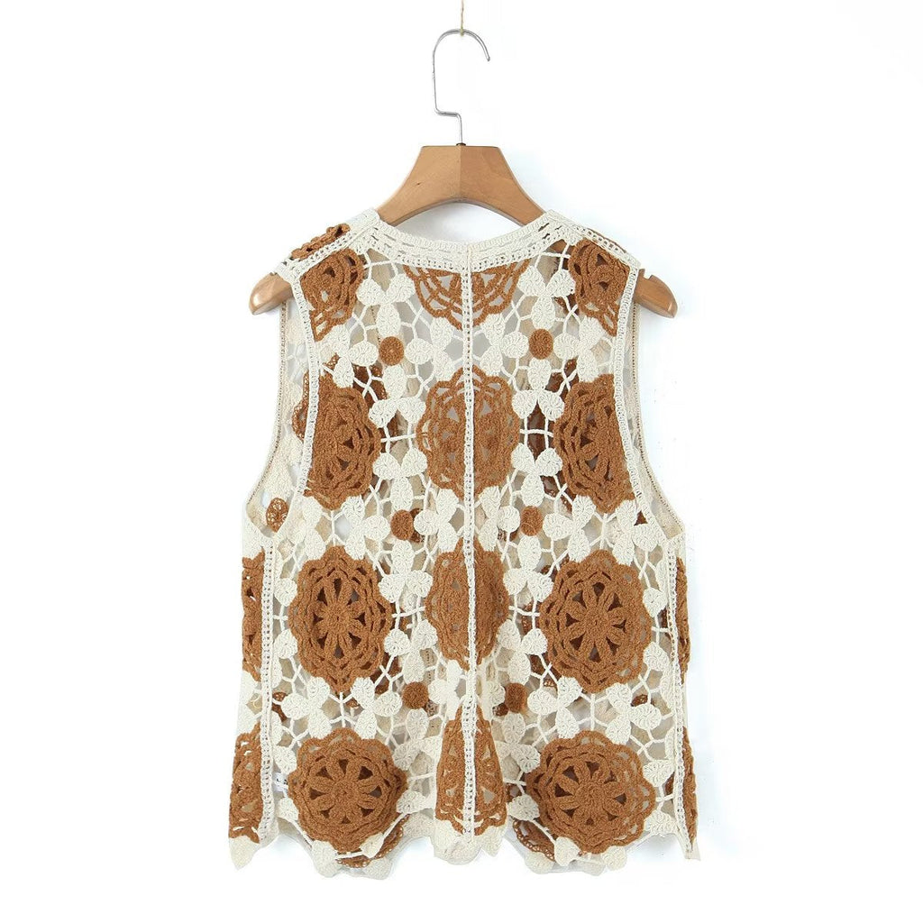 Spring Arrival Contrast Color Crocheted Top Comfort Casual Women Clothing Hong Kong Retro Hollow Out Cutout Design Vest Bella Mia