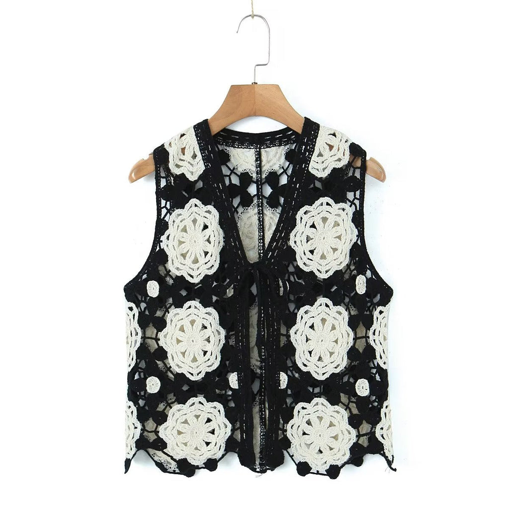 Spring Arrival Contrast Color Crocheted Top Comfort Casual Women Clothing Hong Kong Retro Hollow Out Cutout Design Vest Bella Mia