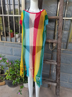 Knitted Striped Beach Blouse Sexy Hollow Out Cutout Tassel Holiday Sun Protection Shirt Beach Cover Up Bella Mia