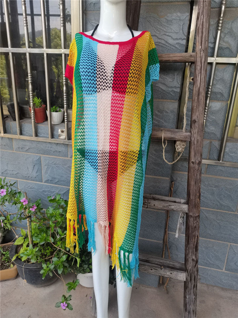 Knitted Striped Beach Blouse Sexy Hollow Out Cutout Tassel Holiday Sun Protection Shirt Beach Cover Up Bella Mia