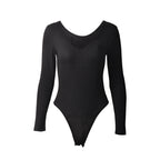 Tight Sexy Deep V neck Long Sleeve Sunken Stripe Bodysuit Autumn Winter Women Clothing Bella Mia