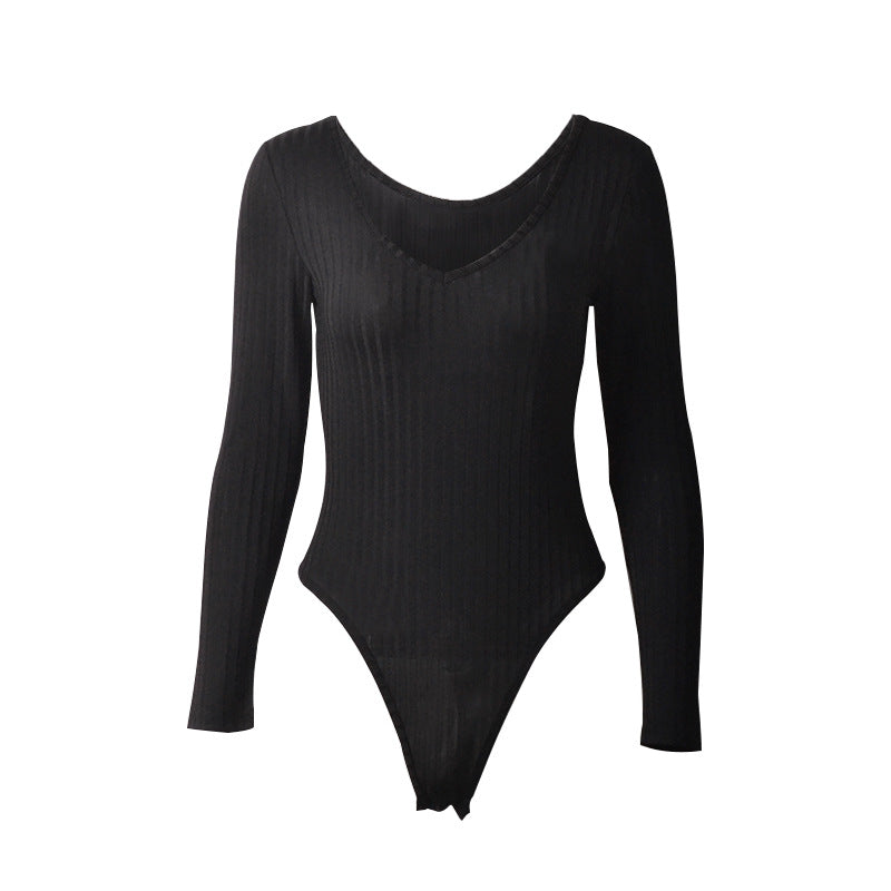 Tight Sexy Deep V neck Long Sleeve Sunken Stripe Bodysuit Autumn Winter Women Clothing Bella Mia
