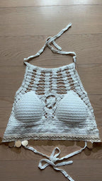 Women Summer Bright Leaf Crocheted Hollow Sling Rear Strap Top Crochet hook Bella Mia