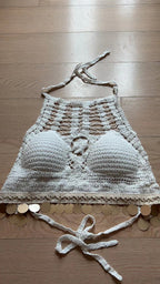 Women Summer Bright Leaf Crocheted Hollow Sling Rear Strap Top Crochet hook Bella Mia