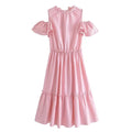 Women Clothing Summer Elegant Socialite Striped Flounced Sleeve Backless Ruffled Stitching Dress