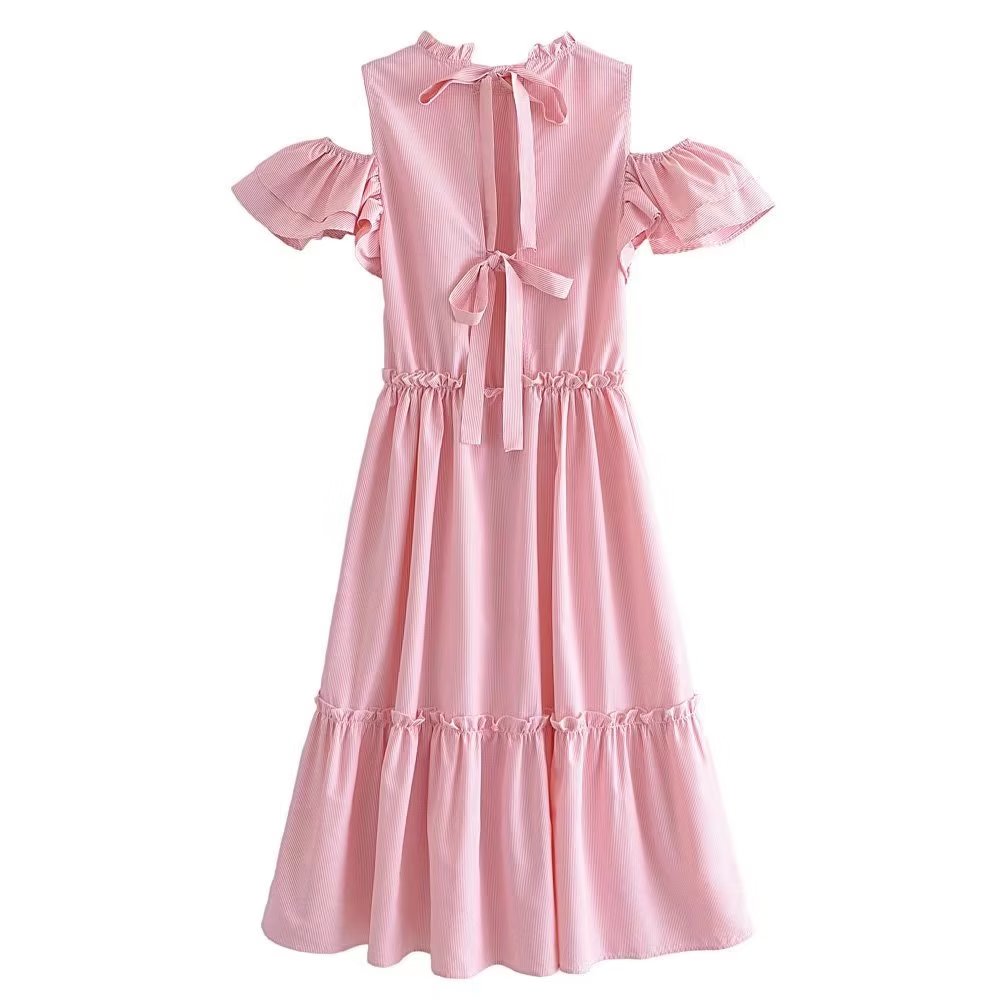 Women Clothing Summer Elegant Socialite Striped Flounced Sleeve Backless Ruffled Stitching Dress