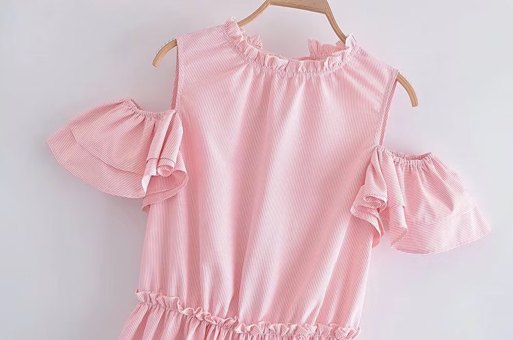 Women Clothing Summer Elegant Socialite Striped Flounced Sleeve Backless Ruffled Stitching Dress