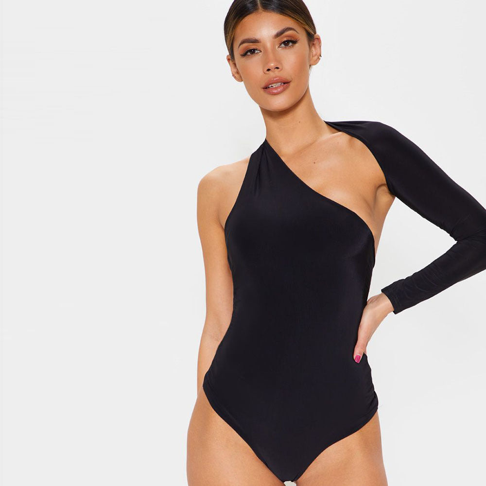Autumn Winter Sexy One-Shoulder Tight Bodysuit Street Milk Silk Bottoming Top Women Bella Mia