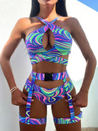 BikinxAllover Print Crisscross Front Garter Bikini Swimsuit Bella Mia
