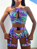 BikinxAllover Print Crisscross Front Garter Bikini Swimsuit Bella Mia