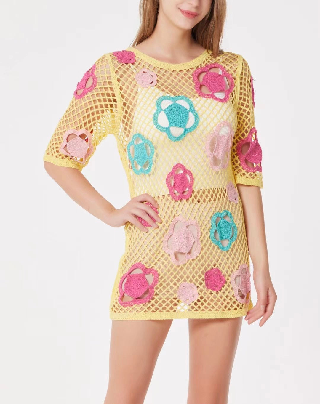 Summer Women Large Mesh Crochet Color Short Dress Mini Dress Bella Mia