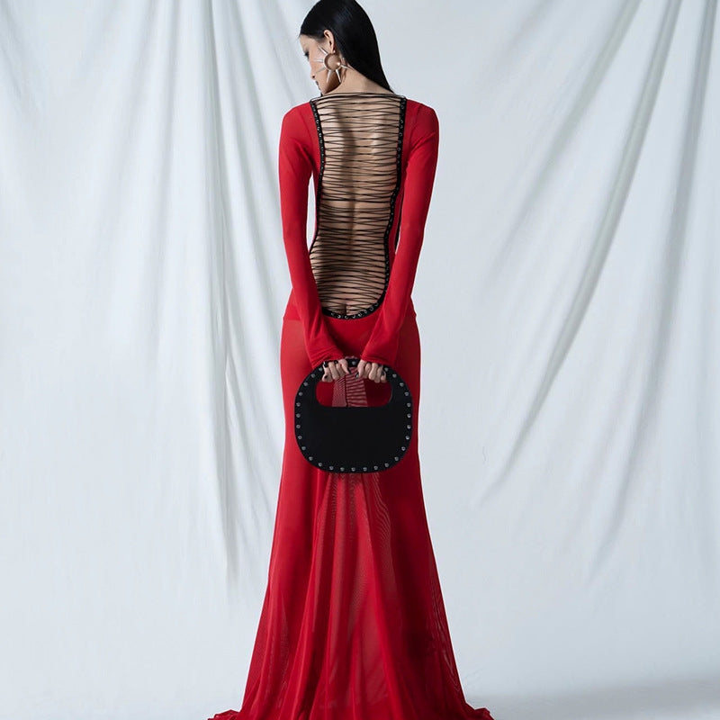 Autumn Women Clothing Sexy Mesh Backless Lace up Long Sleeve Super Maxi Dress for Women Bella Mia