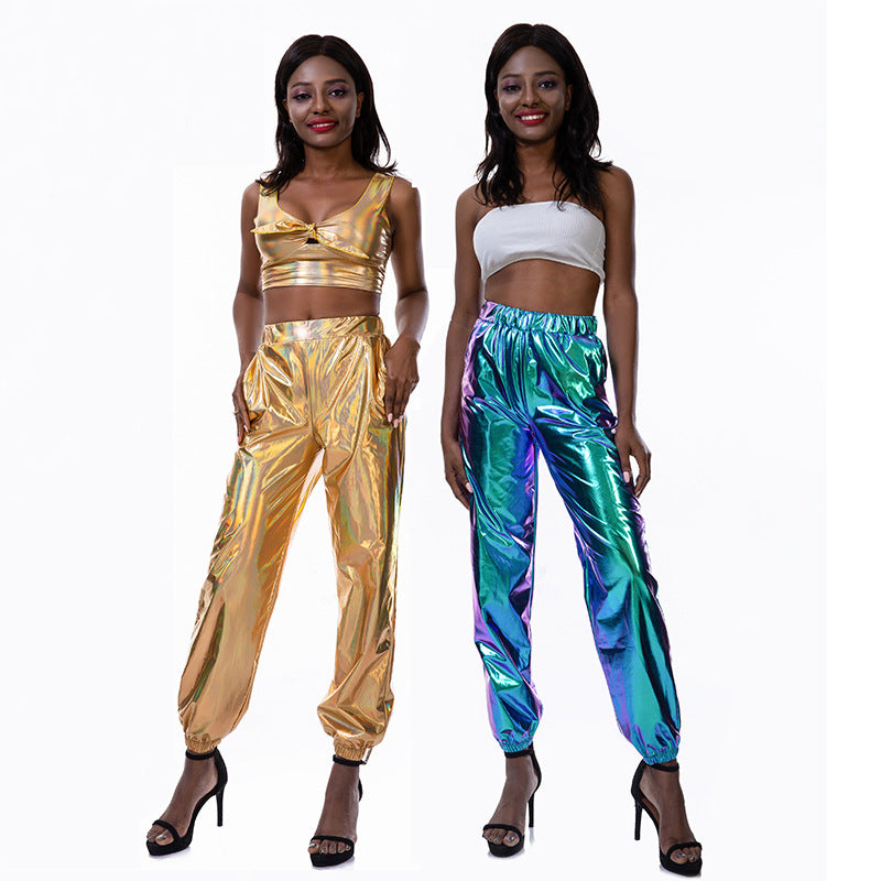 Casual Sports Street Hip Hop Party Shiny Colorful Trousers Hologram Laser Loose Women Pants Bella Mia