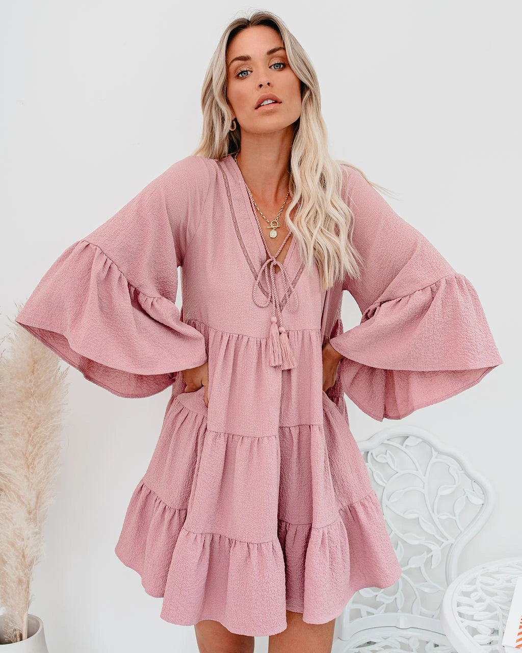 Women Summer New Lace Tassel Lace Patchwork Ruffled Dress