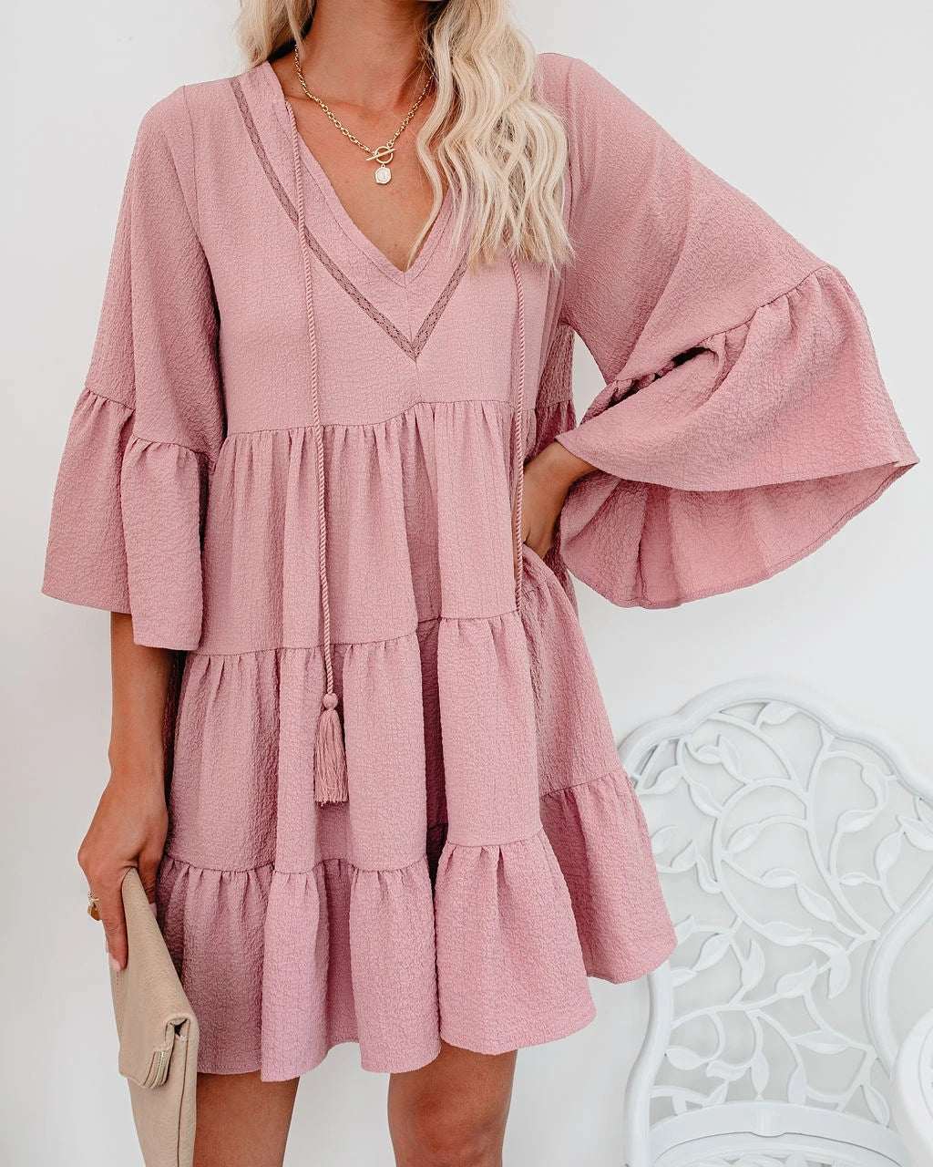 Women Summer New Lace Tassel Lace Patchwork Ruffled Dress