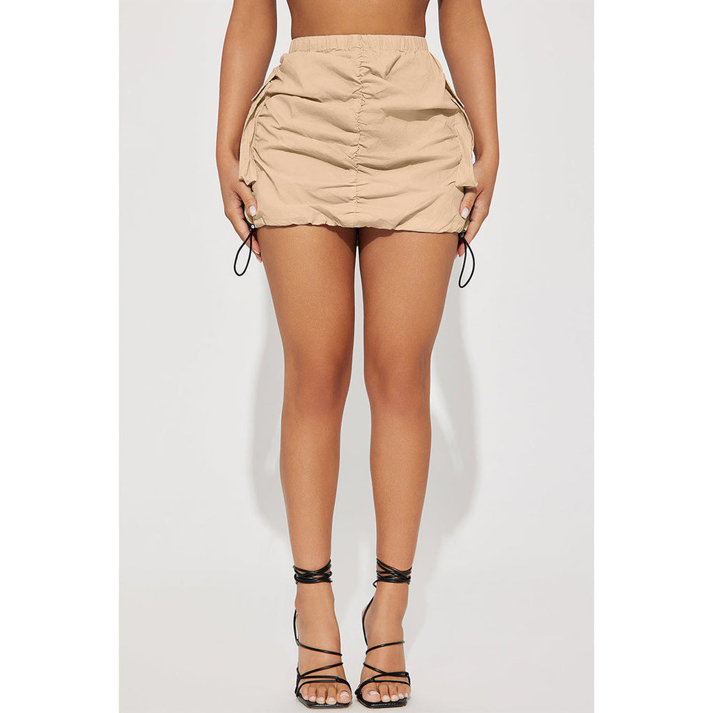 Women Clothing Solid Color Pleating Rubber Band Spring Fastener Sports Organ Pocket Skirt Bella Mia