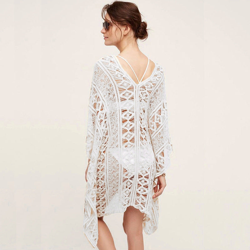 Cotton Hollow Out Cutout Sweater Spring Vacation Loose Bikini Cover Up Swimsuit Blouse Beach Sun Protection Clothing Crochet hook Bella Mia