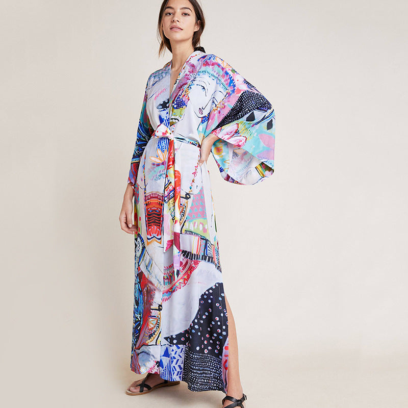 Rayon Printed Mid Length Beach Sun Protection Cardigan Beach Cover Up Swimsuit Outwear Shawl Bella Mia