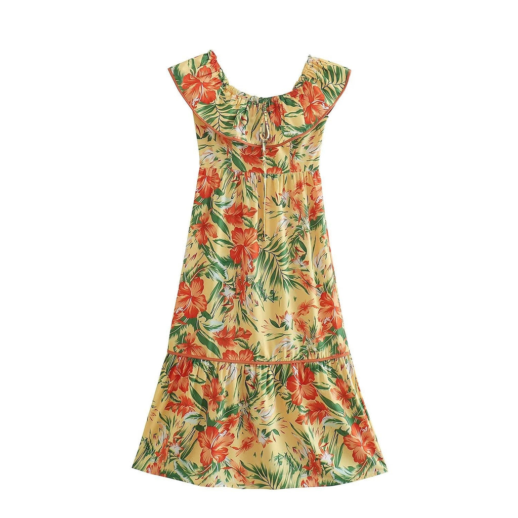 Women Clothing French High Waist Slimming Two Way Lace Chiffon Printed Dress Bella Mia